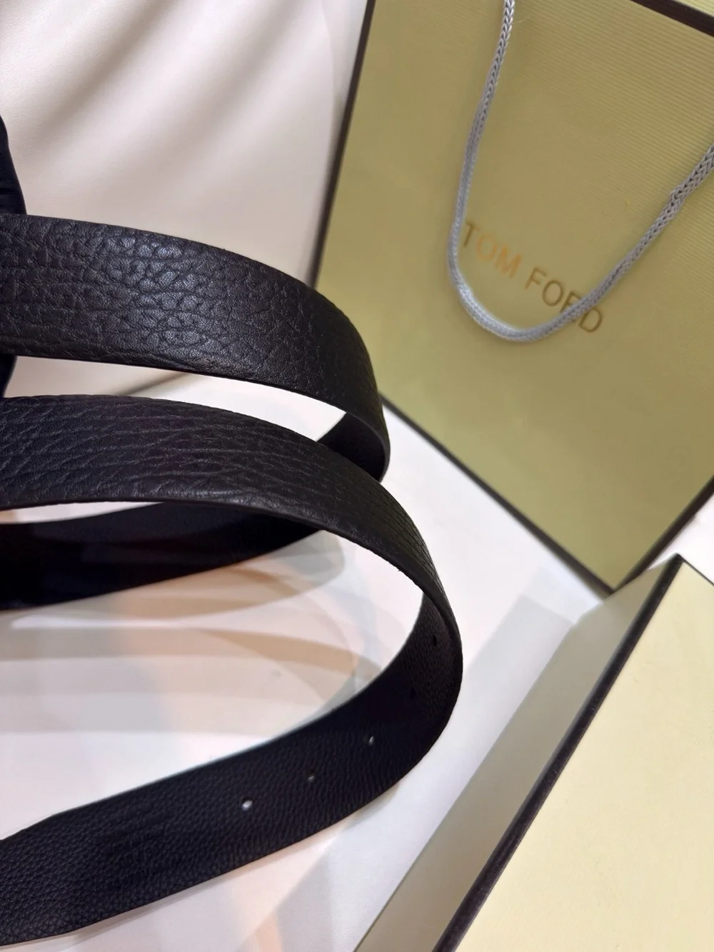 Tom Ford Black Textured Leather Belt with Gold T Buckle